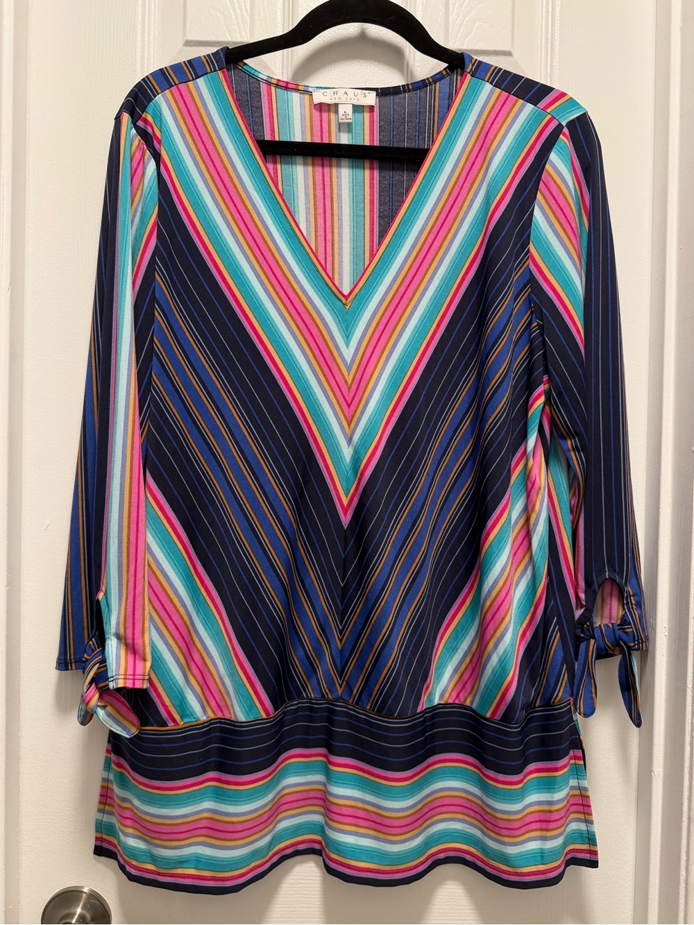 Chaus Navy Multi-Stripe V-Neck Tunic with Pink & Teal Accents